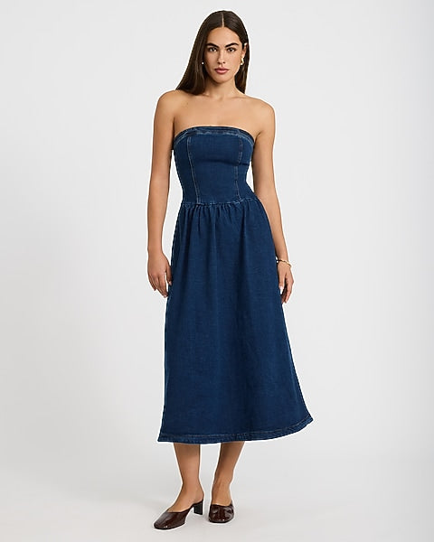 Stretch Denim Strapless Drop Waist Midi Tube Dress - Dark Wash