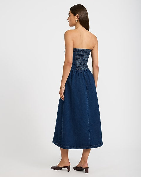 Stretch Denim Strapless Drop Waist Midi Tube Dress - Dark Wash