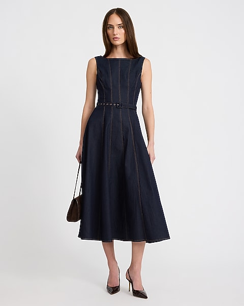 Stretch Denim Boat Neck Seamed Belted Midi Dress - Dark Denim