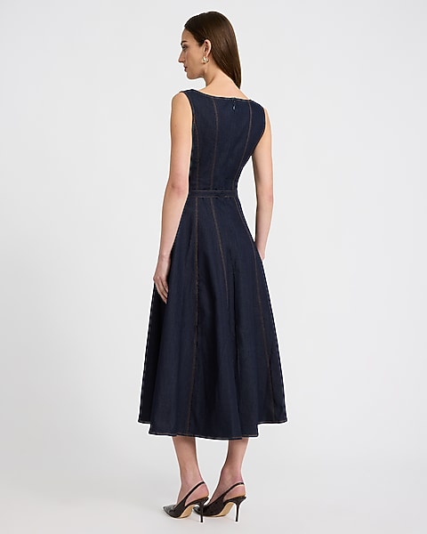 Stretch Denim Boat Neck Seamed Belted Midi Dress - Dark Denim