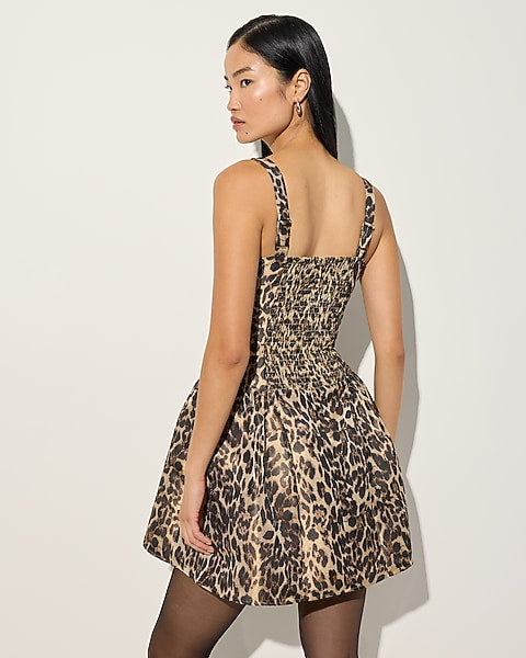 Harlow Leopard Satin Drop Waist Mini Dress with Pockets - Leopard Print