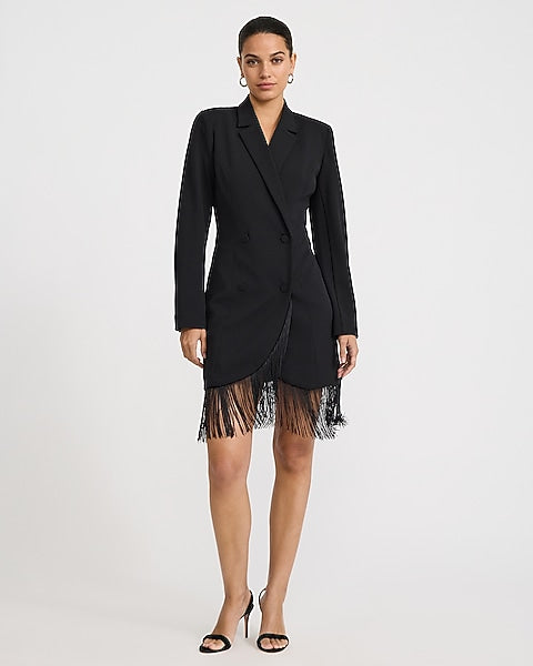 Crepe Collared Double Breasted Fringe Mini Blazer Dress - Pitch Black