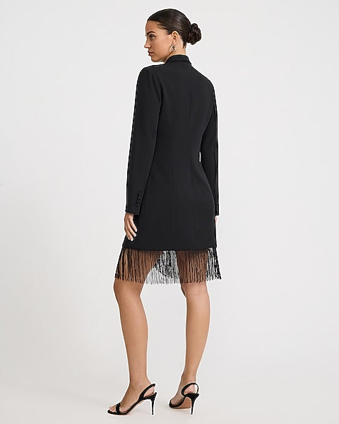 Crepe Collared Double Breasted Fringe Mini Blazer Dress - Pitch Black