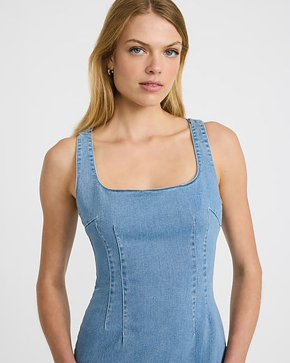 Stretch Denim Scoop Neck Seamed Midi Sheath Dress