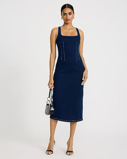 Stretch Denim Scoop Neck Seamed Midi Sheath Dress