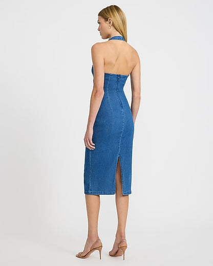 Denim Halter V-Neck Gold Hardware Midi Sheath Dress