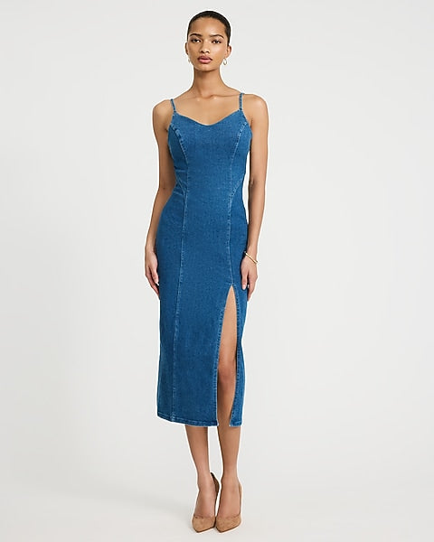 Denim V-Neck Side Slit Midi Sheath Dress