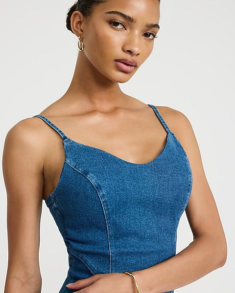 Denim V-Neck Side Slit Midi Sheath Dress