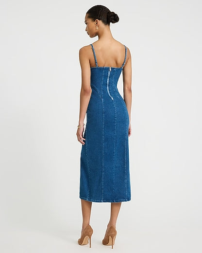 Denim V-Neck Side Slit Midi Sheath Dress