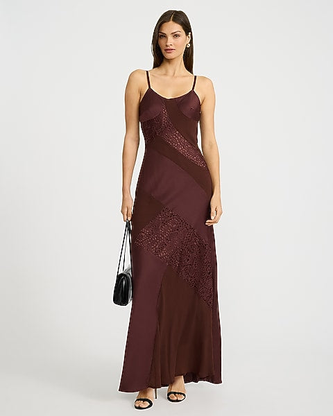 Satin Lace Pieced Sleeveless Maxi Dress - Medium Brown
