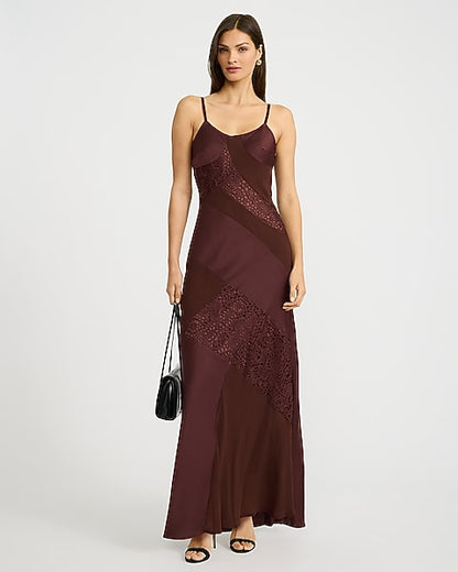 Satin Lace Pieced Sleeveless Maxi Dress - Medium Brown