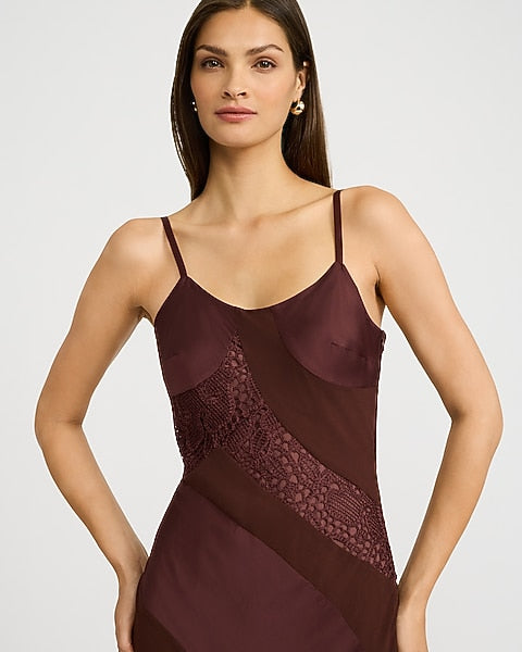 Satin Lace Pieced Sleeveless Maxi Dress - Medium Brown