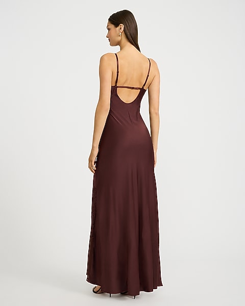 Satin Lace Pieced Sleeveless Maxi Dress - Medium Brown