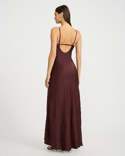 Satin Lace Pieced Sleeveless Maxi Dress - Medium Brown