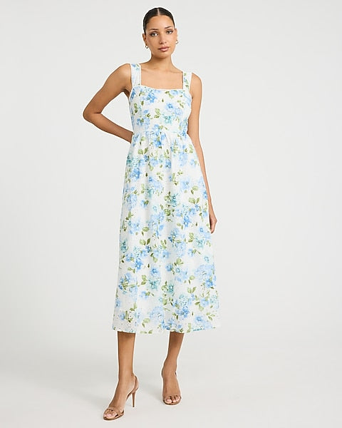 Cotton Floral Eyelet Square Neck Midi Fit and Flare Dress