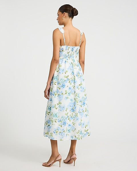 Cotton Floral Eyelet Square Neck Midi Fit and Flare Dress