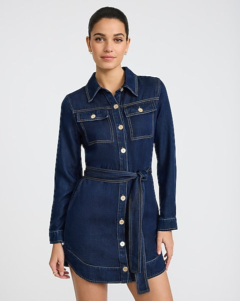 Denim Long Sleeve Button Front Tie Waist Mini Dress - Indigo