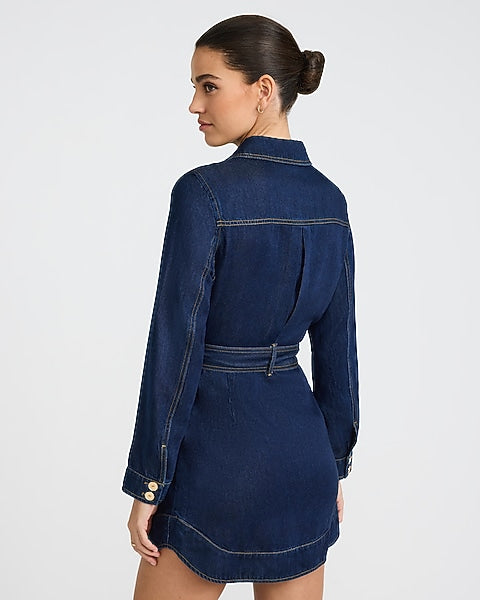 Denim Long Sleeve Button Front Tie Waist Mini Dress - Indigo