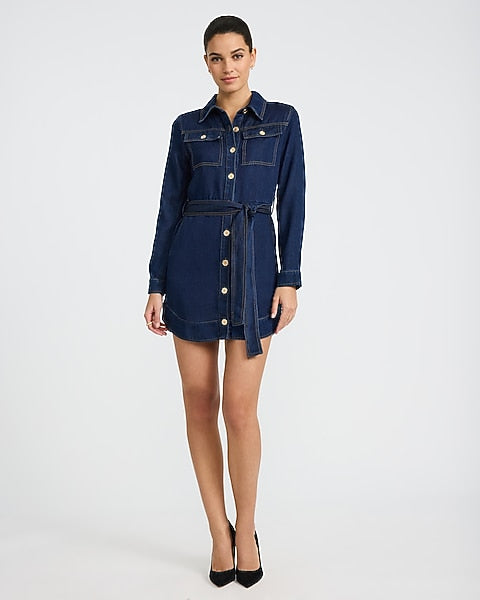 Denim Long Sleeve Button Front Tie Waist Mini Dress - Indigo