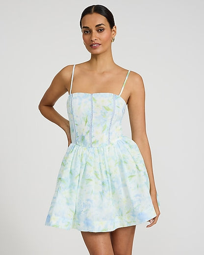 Floral Square Neck Lace Smocked Back Mini Fit and Flare Dress - Blue Print