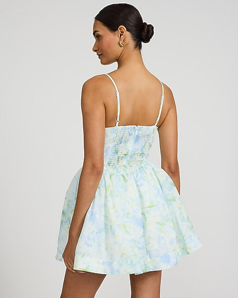 Floral Square Neck Lace Smocked Back Mini Fit and Flare Dress - Blue Print