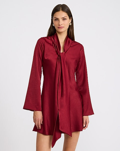 Satin Tie Neck Long Sleeve Mini Dress - BURGUNDY