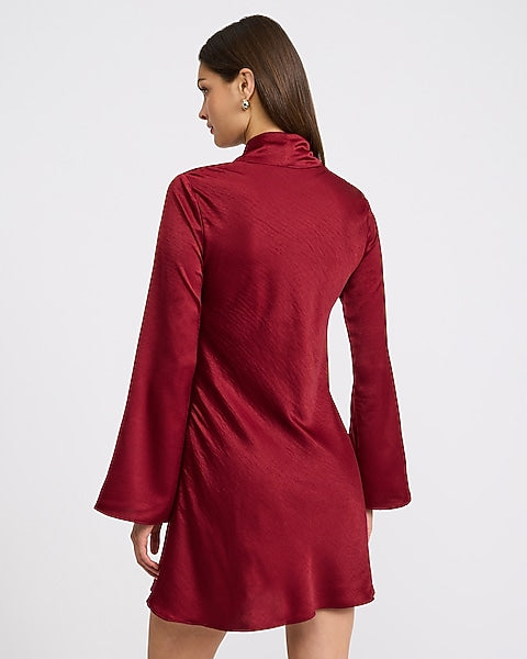 Satin Tie Neck Long Sleeve Mini Dress - BURGUNDY