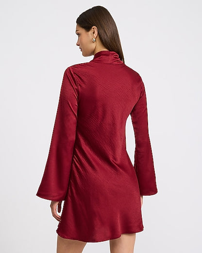 Satin Tie Neck Long Sleeve Mini Dress - BURGUNDY