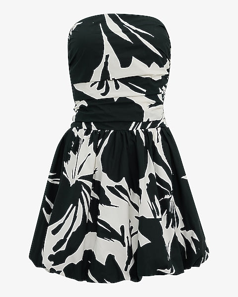 Cotton Poplin Printed Drop Waist Bubble Hem Mini Dress with Pockets - B&W Print