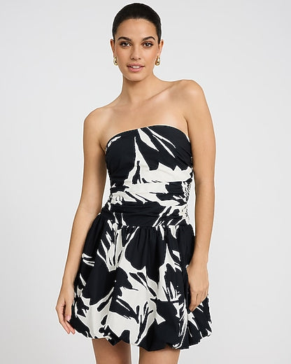 Cotton Poplin Printed Drop Waist Bubble Hem Mini Dress with Pockets - B&W Print