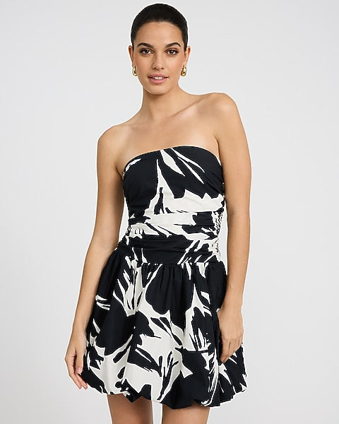 Cotton Poplin Printed Drop Waist Bubble Hem Mini Dress with Pockets - B&W Print