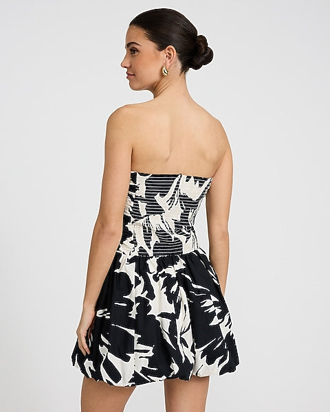 Cotton Poplin Printed Drop Waist Bubble Hem Mini Dress with Pockets - B&W Print