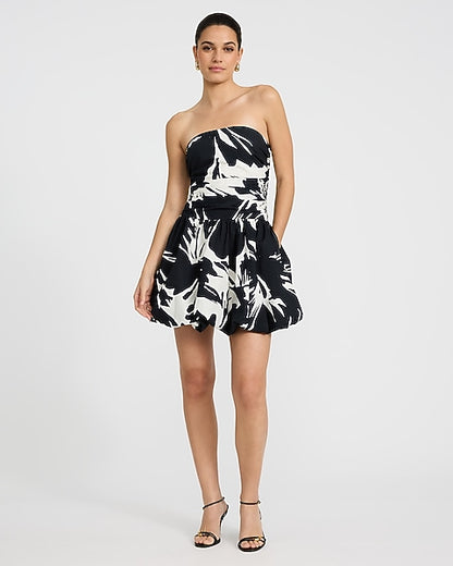 Cotton Poplin Printed Drop Waist Bubble Hem Mini Dress with Pockets - B&W Print