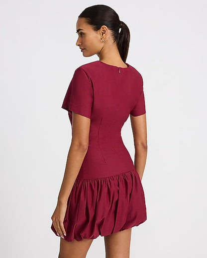 Ruched Drop Waist Bubble Hem Mini T-Shirt Dress
