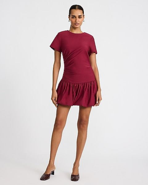 Ruched Drop Waist Bubble Hem Mini T-Shirt Dress