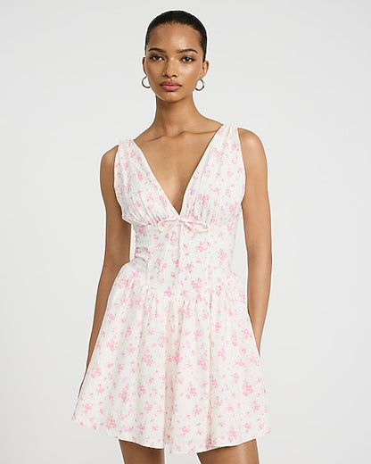 Floral V-Neck Sleeveless Corset Mini Dress - Pink Floral