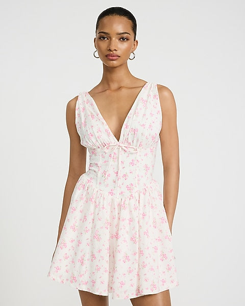 Floral V-Neck Sleeveless Corset Mini Dress - Pink Floral