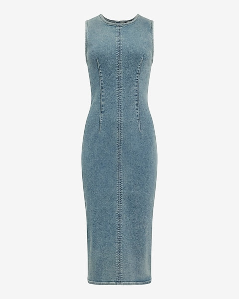 Stretch Denim Crew Neck Sleeveless Midi Sheath Dress - Denim