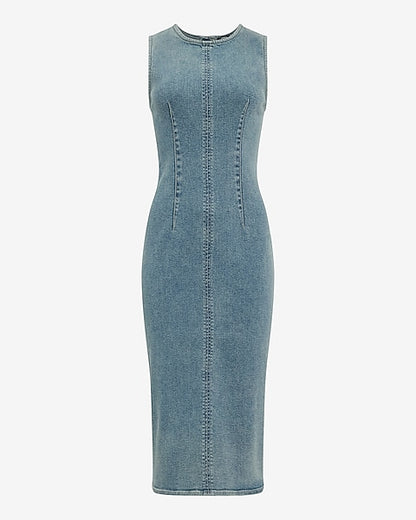 Stretch Denim Crew Neck Sleeveless Midi Sheath Dress - Denim