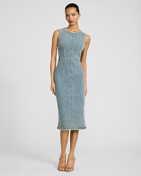 Stretch Denim Crew Neck Sleeveless Midi Sheath Dress - Denim