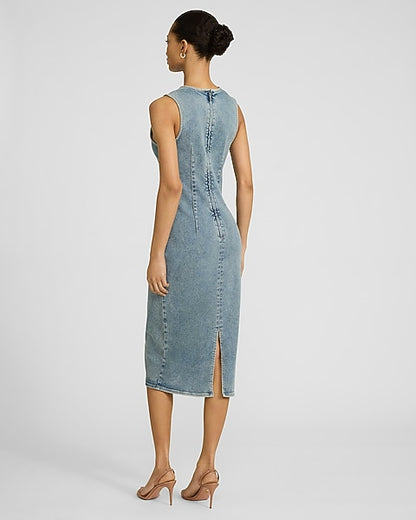 Stretch Denim Crew Neck Sleeveless Midi Sheath Dress - Denim
