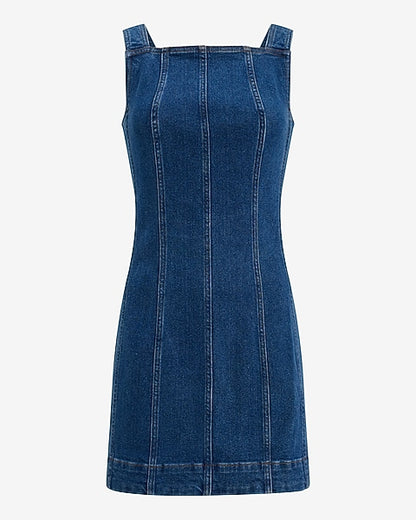 Stretch Denim High Square Neck Seamed Mini Dress - Medium Wash