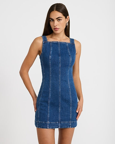 Stretch Denim High Square Neck Seamed Mini Dress - Medium Wash