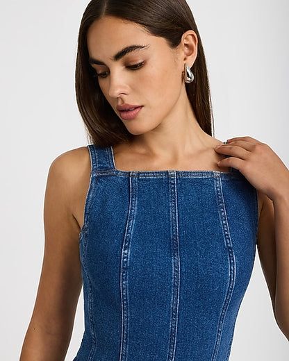 Stretch Denim High Square Neck Seamed Mini Dress - Medium Wash