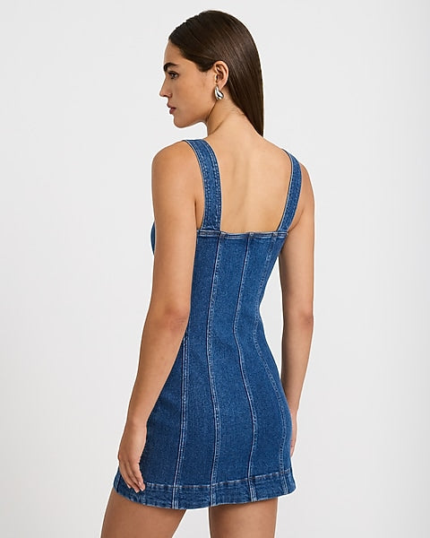 Stretch Denim High Square Neck Seamed Mini Dress - Medium Wash