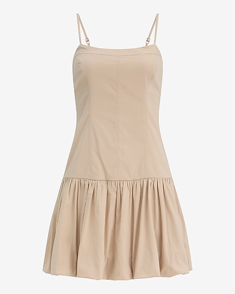 Stretch Cotton Poplin Drop Waist Bubble Hem Mini Dress with Pockets - Soft Beige