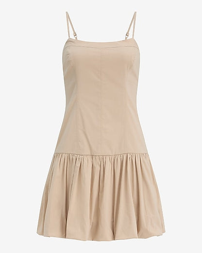 Stretch Cotton Poplin Drop Waist Bubble Hem Mini Dress with Pockets - Soft Beige
