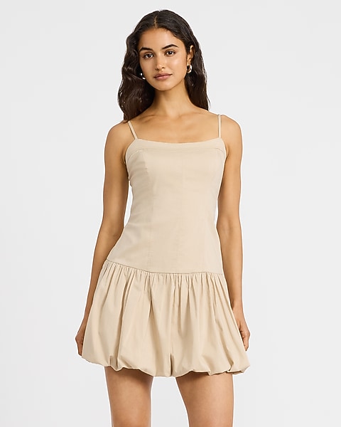 Stretch Cotton Poplin Drop Waist Bubble Hem Mini Dress with Pockets - Soft Beige