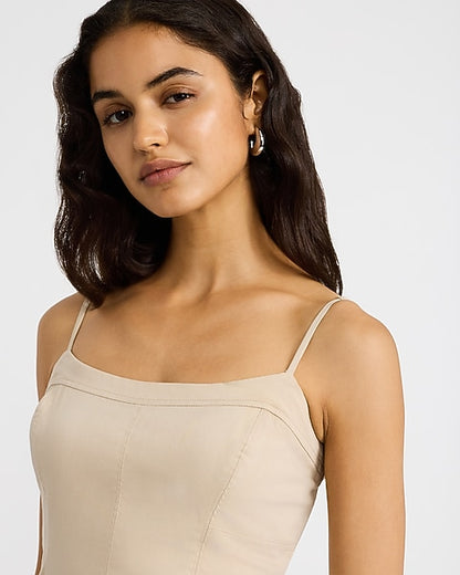 Stretch Cotton Poplin Drop Waist Bubble Hem Mini Dress with Pockets - Soft Beige