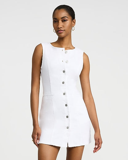 Stretch Denim Crew Neck Button Front Mini Dress